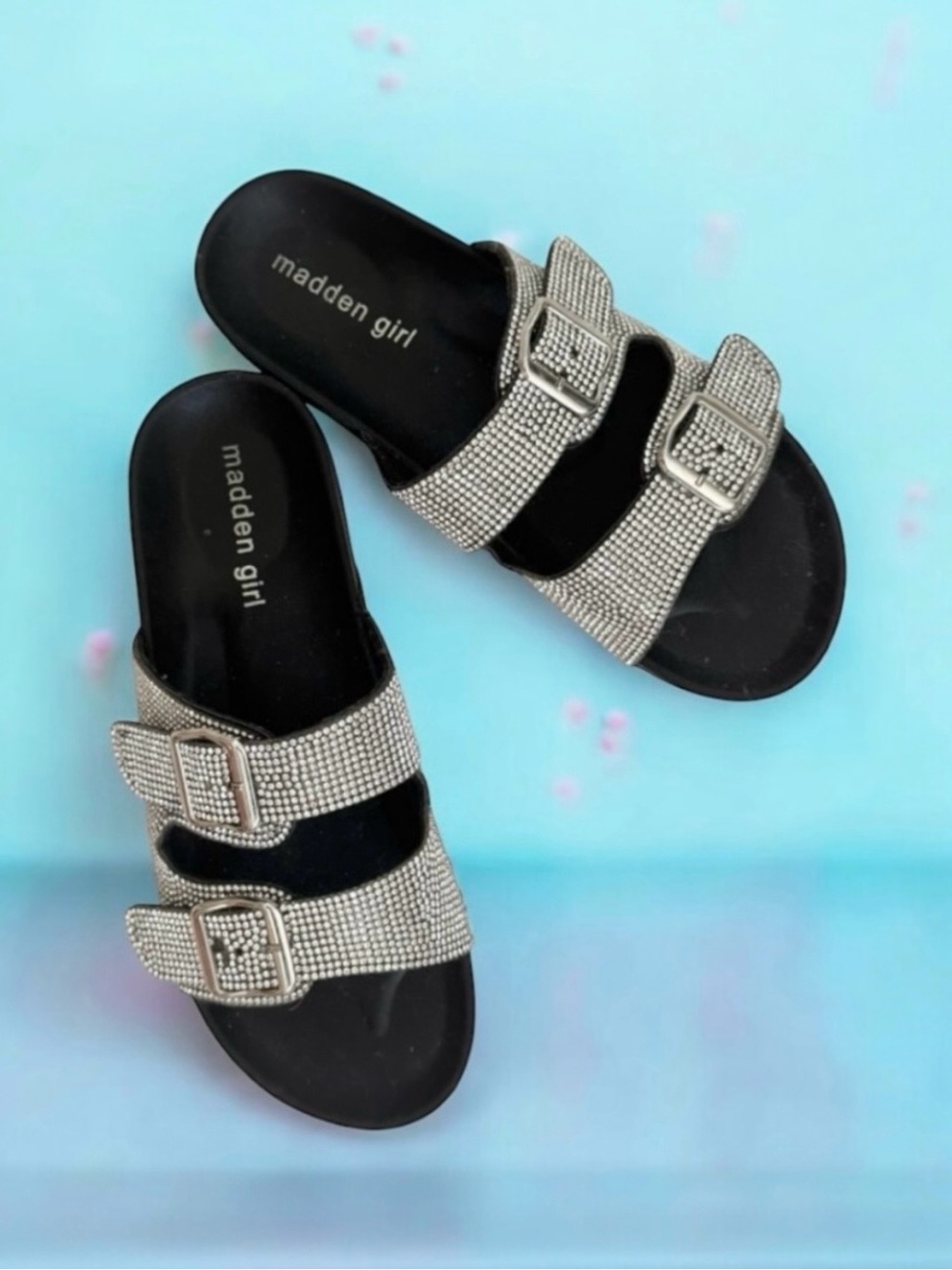 💗Madden Girl Women's Rhinestone Embellished Footbed Slide Sandals • BLACK • 7 US